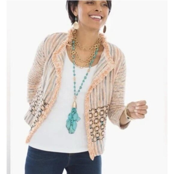 Chicos Fringe Trim Bonnie Cardigan Jacket 0 Small Peach Blue Pink More NEW - Picture 1 of 14
